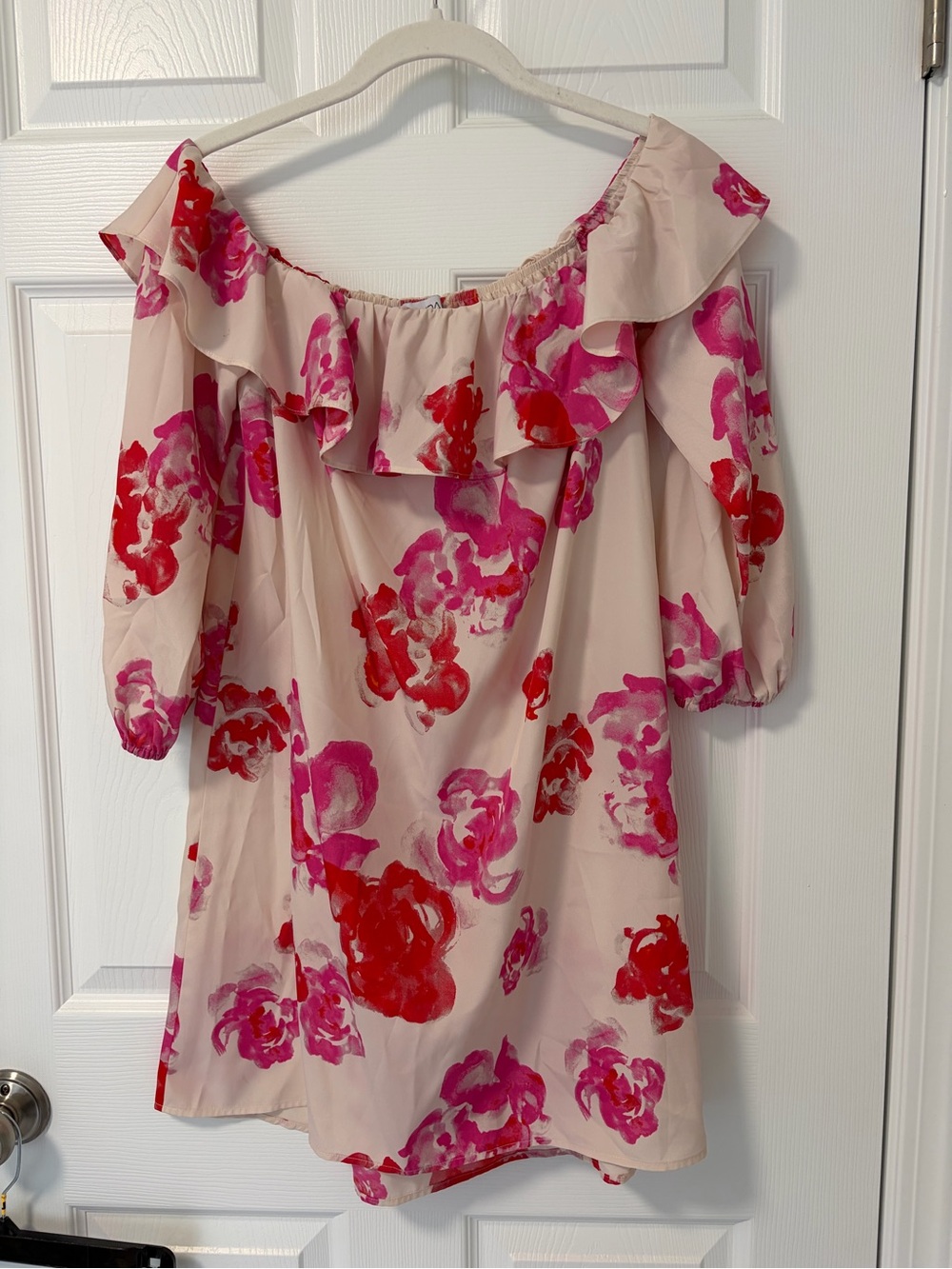Amanda Uprichard Blush Off-Shoulder Mini Dress with Pink & Red Floral Print